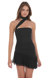 Asymmetrical Mesh Scarf Dress in Black