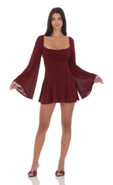 Slinky Flare Sleeve Dress in Burgundy