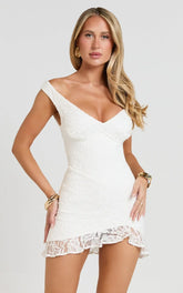 Judai Mini Dress - Lace Off Shoulder A Line Dress in White