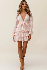 Queensland Balloon Sleeve Tiered Frill Lace Dress Pink