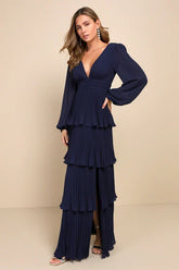 Graceful Finesse Navy Blue Pleated Long Sleeve Maxi Dress