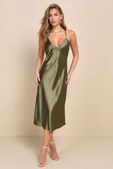 Exquisitely Chic Olive Green Satin Backless Slip Midi Dress