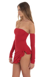Crepe Ruffle Slit Bodycon Dress in Red