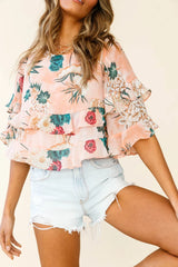 Pure Bliss Flounce Sleeve Frill Crop Top Floral Print Nude