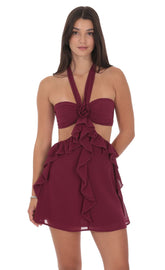 Chiffon Cutout Ruffle Dress in Plum