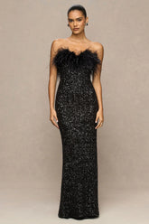 Daze | Black Sequin Bandeau Maxi Dress With Feather-Trim