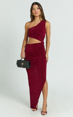 Kala Midi Dress - One Shoulder Cut Out Side Split Dress in Wine