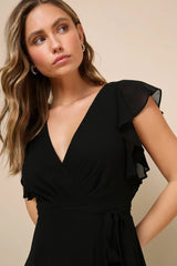 Ravishing Charm Black Ruffled Wrap High-Low Maxi Dress