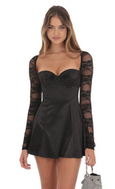Satin Lace Sleeve Dress in Black