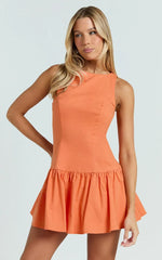 Izira Mini Dress - Boat Neck Drop Waist Shift Dress in Orange