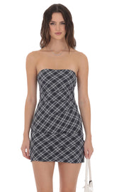 Plaid Strapless Bodycon Dress in Navy