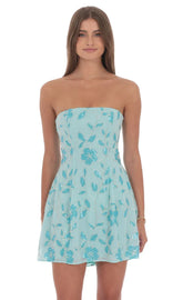 Sequin Beaded Flare Strapless Dress in Blue