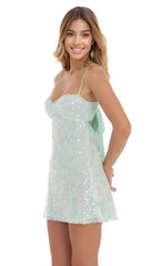 Sequin Embroidered Babydoll Dress in Seafoam