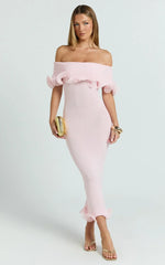 Winnie Maxi Dress - Off Shoulder Frilled Hem Knitted Dress in Baby Pink
