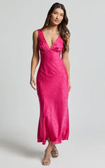 Cohen Midi Dress - Jacquard Satin Midi Dress in Pink