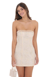 Strapless Floral Shimmer Sequin Dress in Cream