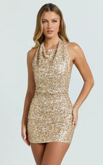 Leonie Mini Dress - Halter Cowl Neck Low Back Sequin Fitted Dress in Gold