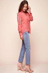 Issa Floral Sleeved Button Up Top Rust