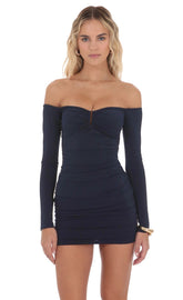 Off Shoulder Embellished Dress in Navy