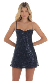 Sequin Babydoll Dress in Navy