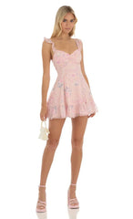 Floral Dotted A-Line Dress in Pink