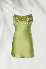 Stunning A Line Spaghetti Straps Green Satin Short Homecoming Dress with Taasels