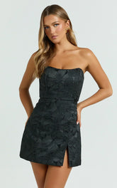 Brailey Mini Dress - Strapless Dress in Black Jacquard