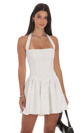 Pinstripe Halter A-line Dress in White