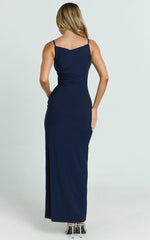 Audette Maxi Dress Boat Neck Ruched Fitted Dress in Navy