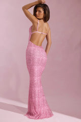 Embellished Cowl-Neck Backless Maxi Dress in Pink