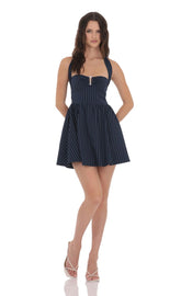 Pinstripe Halter Fit and Flare Dress in Navy