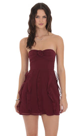 Chiffon Rosette Ruffle Dress in Burgundy