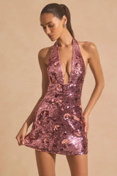 Sequin-Embellished Halterneck Mini Dress in Pink