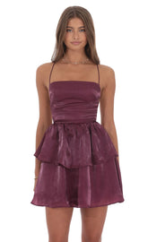Sheen Ruffle Lace Up Dress in Plum