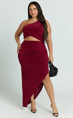 Kala Midi Dress - One Shoulder Cut Out Side Split Dress in Wine