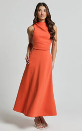 Macy Midi Dress - High Neck A Line Dress in Orange