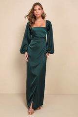Eternal Heart Emerald Green Satin Long Sleeve Maxi Dress