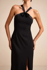 Bisian Black Velvet Bow Backless Apron Maxi Dress