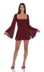 Slinky Flare Sleeve Dress in Burgundy