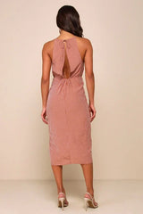 Amalfi Muse Rust Brown Striped Cutout Faux Wrap Midi Dress