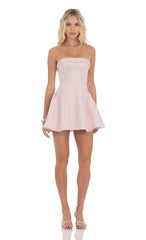 Shimmer Jacquard Strapless Flare Dress in Dusty Pink