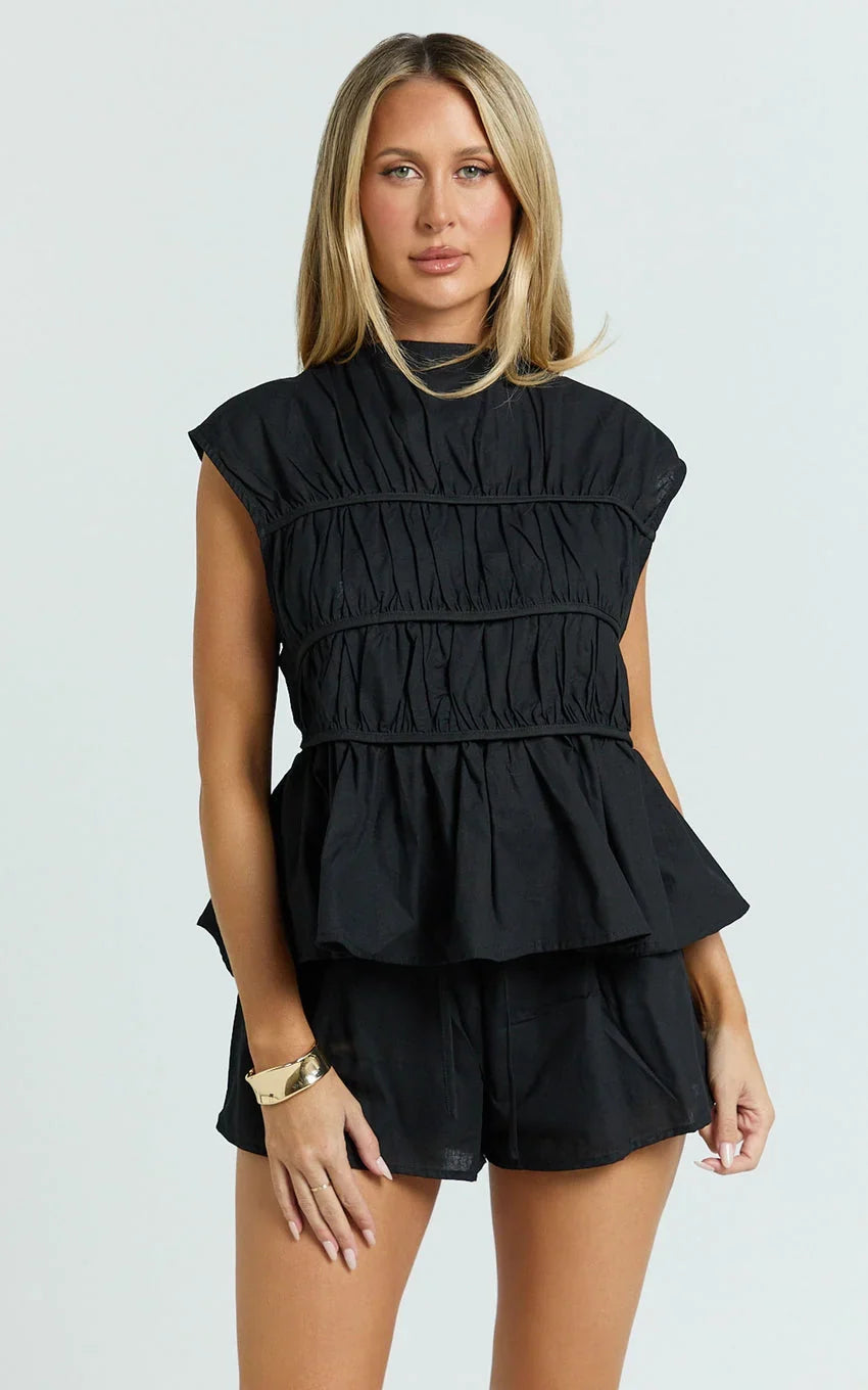 Alina Two Piece Set - Ruched Detail Top and Short Pants Set in Black
