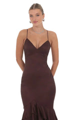 Satin Ruffle Fishtail Maxi Dress in Brown