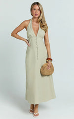 Beata Midi Dress - Plunge Halter A Line Dress in Sage