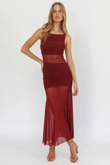 Sade Sheer Panel Ruched Maxi Dress Wine
