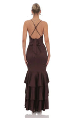 Satin Ruffle Fishtail Maxi Dress in Brown