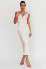 Leila V-Neck Low Back Satin Midi Dress Ivory