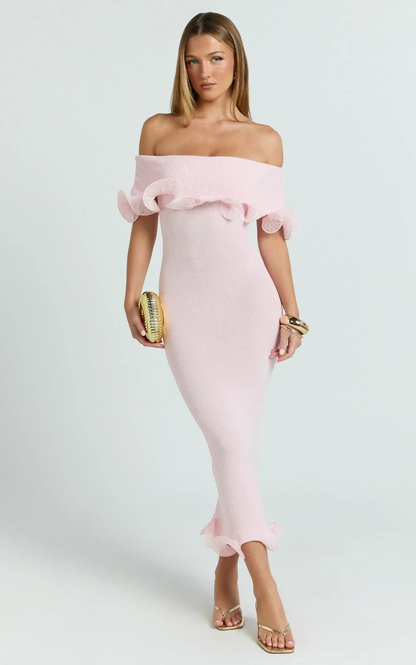 Winnie Maxi Dress - Off Shoulder Frilled Hem Knitted Dress in Baby Pink
