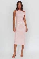 Country Club Asymmetric Neckline Midi Dress Sequin Blush