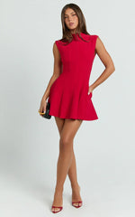 Becky Mini Dress - High Neck Sleeveless Fit And Flare Dress in Red